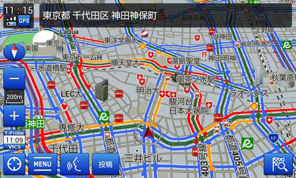「Tプローブ交通情報」（道路の混雑状況を地図上に色で区分し表記）（画像：トヨタ自動車）