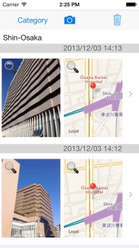 iPhoneアプリ　写真でメモ代わり！　写真を撮ると、撮影場所が地図上に表示される。 地図上の位置も補正可能。　メールやLINEで写真と位置を送信できる。