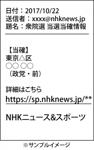 モバイルニュース「NHKニュース＆スポーツ」　10月22日衆院選開票速報サービス“当確メール”を速やかにあなたのケータイに！