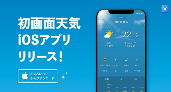 Google play ストアの天気カテゴリーで１位を獲得した天気アプリ「初画面天気」iOSバージョンをリリース！