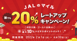 ポイ活の本命、ポイントモール「ハピタス」から「JALのマイル」へ誰でも20％の交換レートアップができるキャンペーンを期間限定で開催中。