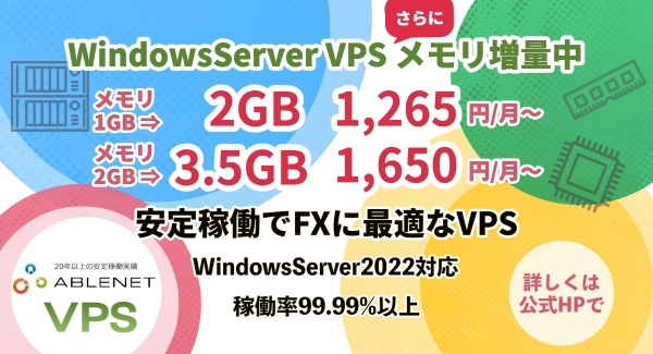 【ABLENET VPS】人気VPSのメモリをさらに増量、全Windowsプラン初期費用無料になりました。