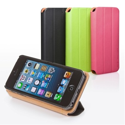 サンワサプライは31日、フラップをクルッと巻いてスタンドにできる、手帳型のiPhone5ケース「iPhone5ケース（手帳型・スタンド機能付・SmartCover風）200-PDA112シリーズ」を発売した。