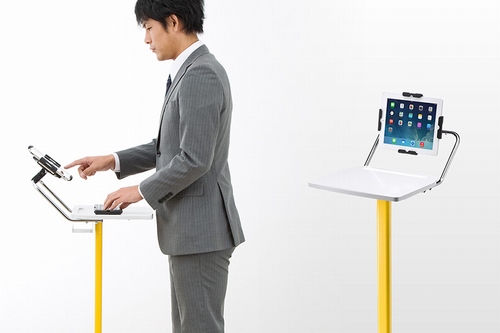 サンワダイレクト、タブレット端末のキャスター付きホルダー　受付台などに