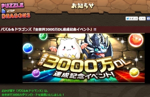 ガンホー、パズドラ全世界3,000万ダウンロード記念のキャンペーンを実施