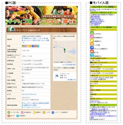 マピオン、「キャンプ場・BBQ場特集」に関西の施設情報を追加～関東と関西あわせて約300箇所のキャンプ場・バーベキュー場が検索可能に～