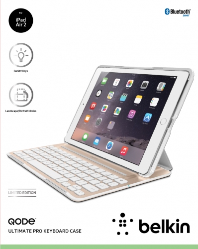 ベルキンより、デバイスを2台まで同時接続できるQODE iPad Air 2対応Ultimate Proホワイト／ゴールドキーボードケース発売