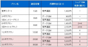 BIGLOBE SIM 料金表