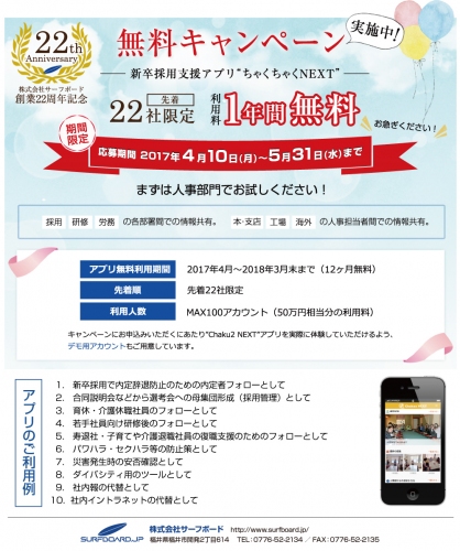 サーフボードが人事採用担当者向け「創業22周年記念 人事部門活躍推進キャンペーン」を開催