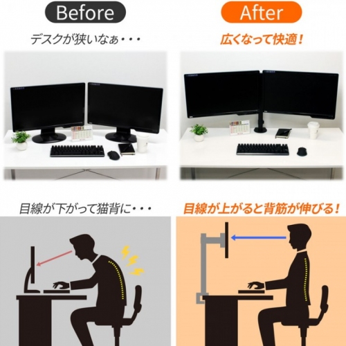 【上海問屋限定販売】モニターを浮かせて最適な高さに　2台別々に前後左右の角度調整も可能　デュアルモニターアーム　販売開始