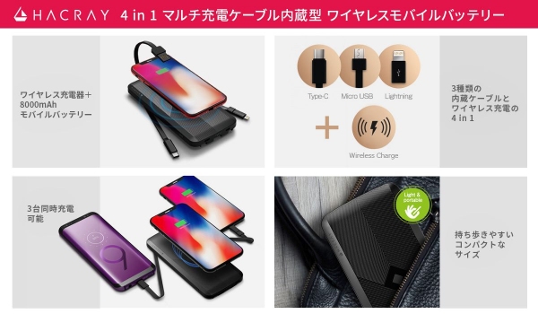 HACRAY、3台同時充電可能なワイヤレス充電対応モバイルバッテリー発売