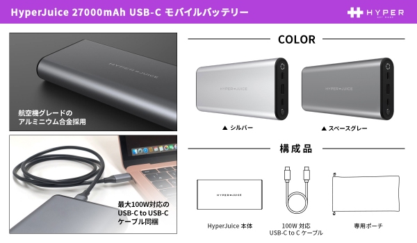 HYPER、大容量・100W高出力モバイルバッテリーHyperJuice新発売