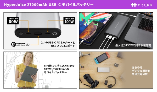 HYPER、大容量・100W高出力モバイルバッテリーHyperJuice新発売