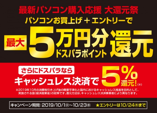 パソコンお買い上げで最大5万円分のポイント還元『特大ポイントバックキャンペーン』を開始　政府による“キャッシュレス5％還元”とあわせお買い得