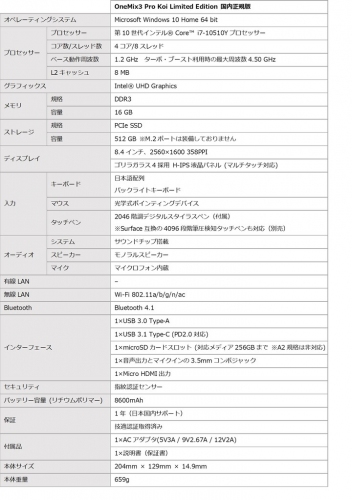 テックワン、インテル第10世代Core i7 搭載の OneMix3 Pro Koi Limited Edition 国内正規版 をオンライン限定予約開始