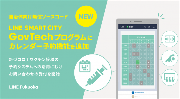 「LINE SMART CITY GovTechプログラム」にカレンダーで空き時間を確認して施設やサービスを予約できる機能を追加新型コロナワクチン接種の予約システムへの活用も可能に