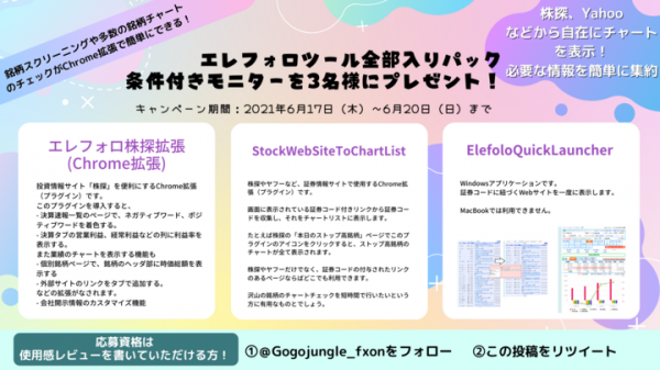 株チャート表示が劇的に便利になる有料ツールをTwitterフォローRTキャンペーンでもらえる！