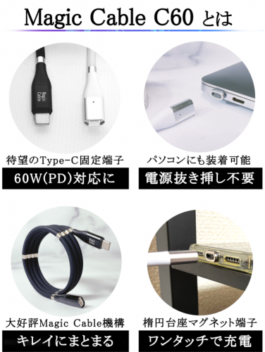 【最新モデル】『Magic Cable C60』がMakuakeにて公開！Mac充電対応のMagicCable タイプC登場！60W対応で急速充電！