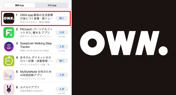 Testosterone氏監修のヘルステックサービス「OWN.」がAppStore（無料ヘルスケア/フィットネス/国内）で1位