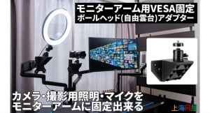 【上海問屋限定販売】PCモニターアームにカメラやマイクを簡単に取り付け可能　配信環境の構築やリモートワークの会議でも活躍　モニターアーム用自由雲台アダプター販売