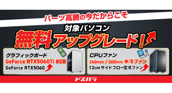 【ドスパラ】大決算応援　ふたつのキャンペーンを開催　対象デスクトップPCの一部パーツを無料アップグレード　他にも割引クーポン配布などお得なキャンペーン同時開催