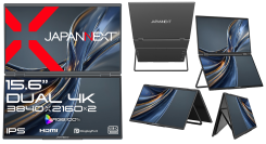 JAPANNEXTが15.6インチのIPSパネルを2つ搭載した4Kデュアルモバイルモニターを99,700円で8月27日(木)に発売